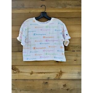 Champion Women's Cropped Tee T-Shirt Size Small‎ White Multi Crew Neck